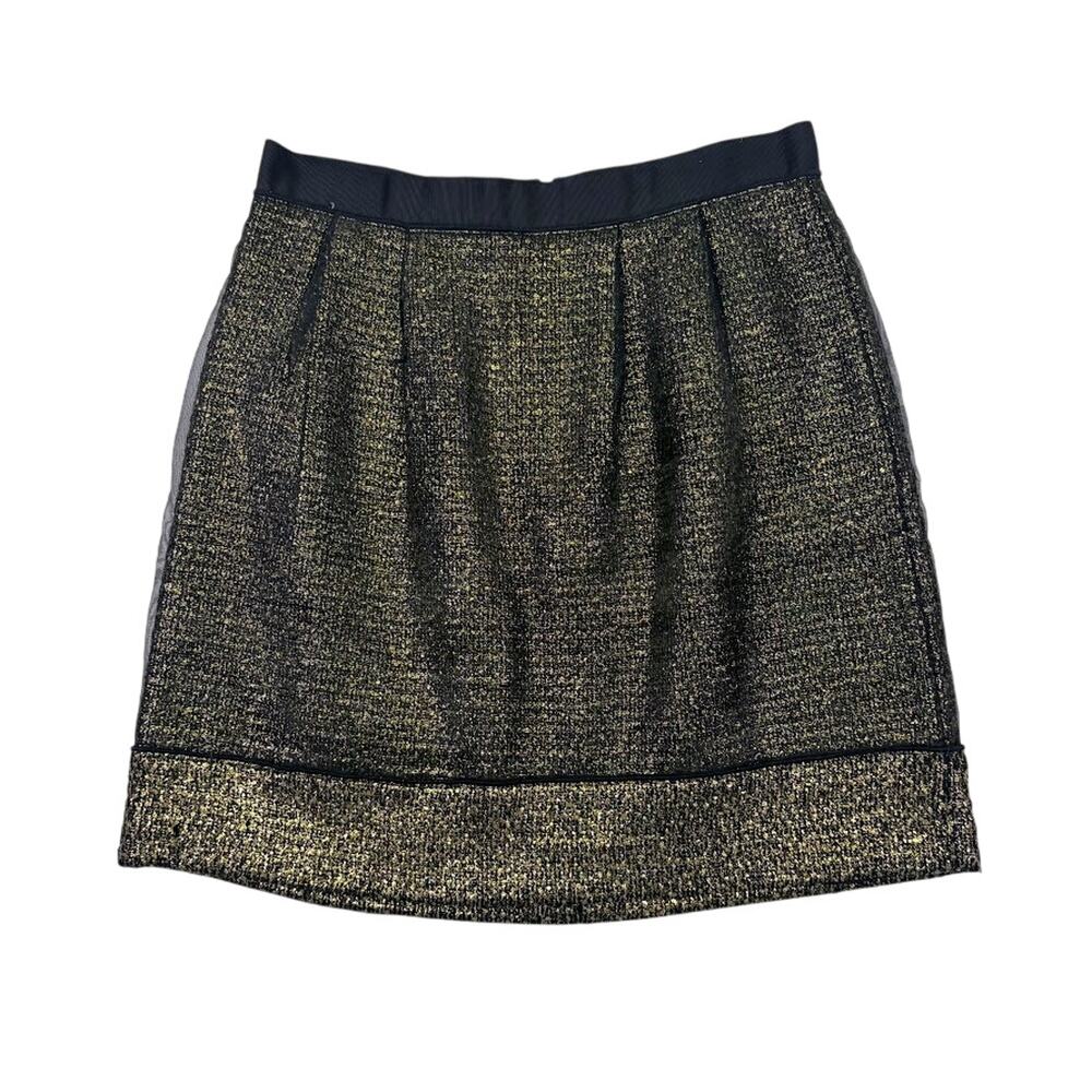 LOFT Black & Metallic Gold Tweed Sheer Overlay Mini Swing Skirt Womens Size 4